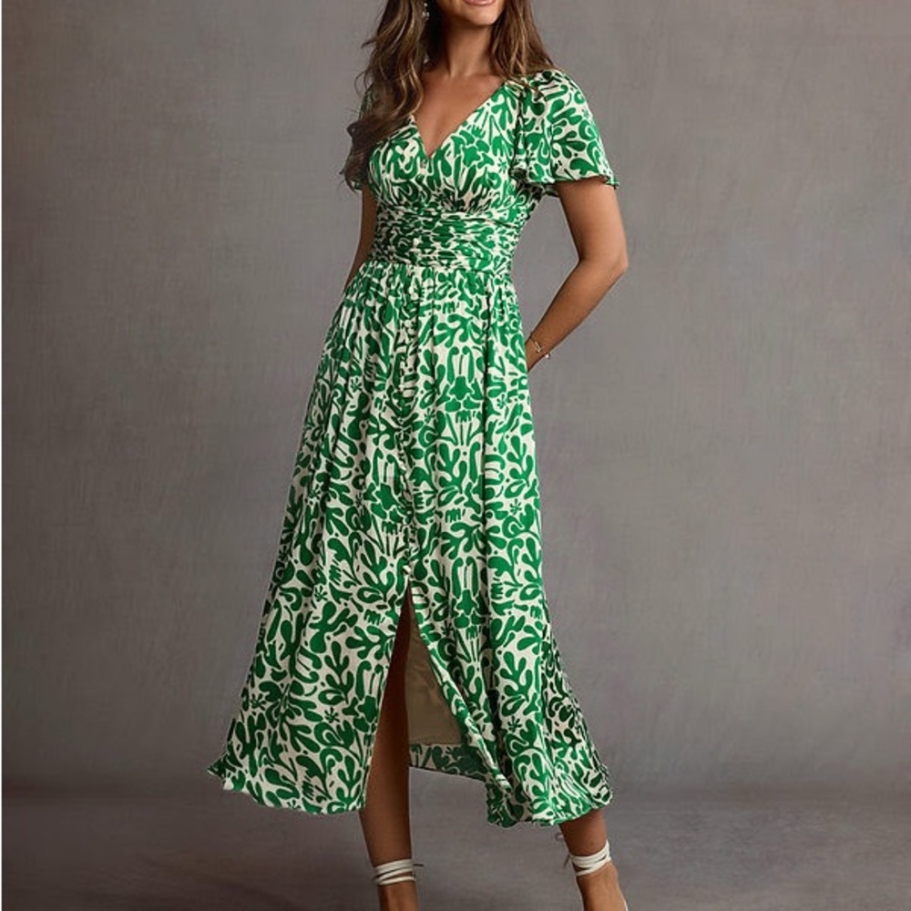 Azazie Green and White Flutter Sleeve Dress